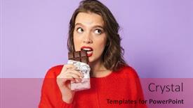  Presentation with purple wall - Beautiful presentation theme featuring image of a confused beautiful young woman posing isolated over purple background wall holding chocolate backdrop and a crimson colored foreground