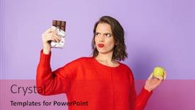  Presentation with purple wall - Beautiful theme featuring image of a confused young woman posing isolated over purple background wall holding chocolate and apple backdrop and a crimson colored foreground