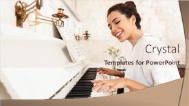  Presentation with lady - Presentation consisting of image of a cute cheerful positive lady in white shirt play the piano indoors at home background and a lemonade colored foreground
