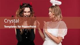  Presentation with demon - PPT layouts with image of a cute women angel try to touch displeased screaming demon in carnival costumes isolated over red wall background background and a red colored foreground