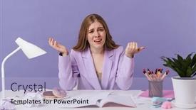  Presentation with purple wall - Colorful slide set enhanced with image-of-a-displeased-woman backdrop and a light blue colored foreground