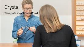  Presentation with optometry - Slide deck featuring image of a friendly service background and a coral colored foreground