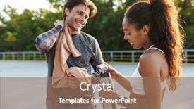  Presentation with water sports - Slide deck with image of a handsome positive smiling young strong sports man holding towel talking with fitness woman holding water outdoors background and a coral colored foreground