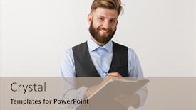  Presentation with writing notes - Presentation theme enhanced with image of a handsome young bearded man standing isolated over white wall background holding clipboard writing notes background and a coral colored foreground