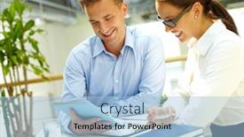  Presentation with team work - Slide deck with image of a happy business team enjoying the results of their work background and a light blue colored foreground