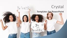  Presentation with happy image - Colorful PPT layouts enhanced with image of a happy cheery pleased positive young women multiracial friends posing isolated over white wall background holding blank with compliments text backdrop and a white colored foreground