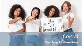  Presentation with happy image - Audience pleasing PPT layouts consisting of image of a happy optimistic pleased young women multiracial friends posing isolated over white wall background holding blank with compliments text backdrop and a teal colored foreground