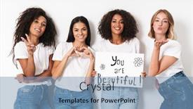  Presentation with happy image - PPT theme consisting of image of a happy optimistic pleased young women multiracial friends posing isolated over white wall background holding blank with compliments text background and a teal colored foreground