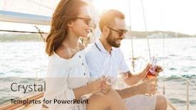  Presentation with yacht - Cool new presentation design with image of a happy optimistic cheery young loving couple outdoors on yacht in sea drinking champagne backdrop and a coral colored foreground