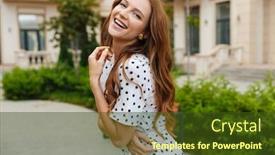 Presentation with happy image - PPT theme enhanced with image of a happy positive optimistic young redhead woman walking outdoors by street in dress background and a tawny brown colored foreground