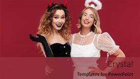  Presentation with happy image - Cool new PPT theme with positive women angel and demon backdrop and a red colored foreground