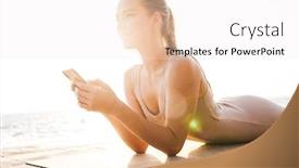  Presentation with happy image - Cool new theme with image of a happy positive smiling beautiful young fitness woman outdoors on beach using mobile phone backdrop and a sky blue colored foreground