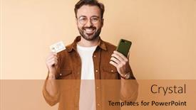  Presentation with man holding phone - Audience pleasing presentation theme consisting of image-of-a-happy-positive backdrop and a coral colored foreground