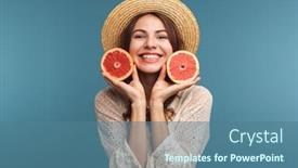  Presentation with blue orange - Audience pleasing slides consisting of image of a happy pretty woman posing isolated over blue wall background with orange citrus backdrop and a ocean colored foreground