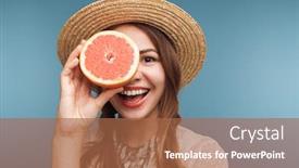  Presentation with blue orange - Slide deck featuring image of a happy pretty woman posing isolated over blue wall background with orange citrus background and a red colored foreground