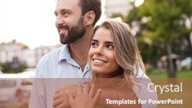  Presentation with happy image - PPT layouts having image of a happy smiling cute amazing young loving couple walking by street outdoors hugging background and a coral colored foreground