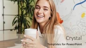  Presentation with college education happy smiling - Beautiful presentation design featuring image of a happy smiling young cute girl in pajama at home on bed drinking coffee backdrop and a soft green colored foreground