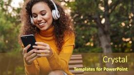  Presentation with happy image - Presentation design consisting of outdoors listening music with headphone background and a tawny brown colored foreground