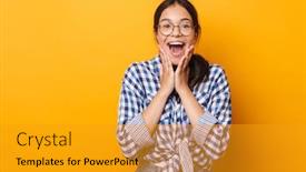 Presentation with emotional breakdown - Presentation enhanced with image of a happy surprised emotional cute teenage girl in glasses posing isolated over yellow wall background background and a gold colored foreground