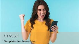  Presentation with group of three young girl - Colorful theme enhanced with image-of-a-happy-surprised backdrop and a gold colored foreground