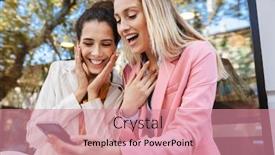  Presentation with business women - Beautiful slide deck featuring image of a happy two business women colleagues outdoors using mobile phone with earphones talking backdrop and a coral colored foreground