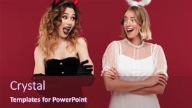  Presentation with demon - PPT layouts enhanced with happy women angel and demon background and a tawny brown colored foreground
