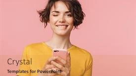  Presentation with happy image - Amazing presentation theme having image of a happy young beautiful woman posing isolated over pink wall background using mobile phone backdrop and a yellow colored foreground