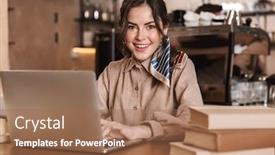  Presentation with happy image - Colorful presentation theme enhanced with image of a happy young beautiful woman using laptop computer indoors in cafe backdrop and a coral colored foreground