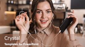  Presentation with happy image - Presentation theme featuring image of a happy young beautiful woman listening music by earphones indoors in cafe background and a coral colored foreground