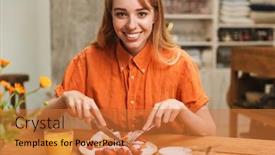  Presentation with sweet pastry - Colorful slide set enhanced with image of a happy young blonde girl at the kitchen eat sweet pastry have a breakfast drinking juice backdrop and a gold colored foreground