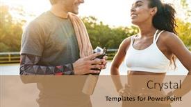  Presentation with water sports - Beautiful theme featuring image of a happy young strong sports woman and man holding towel and water talking with each other outdoors backdrop and a coral colored foreground