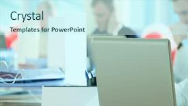  Presentation with desktop - Slide deck having image-of-a-laptop background and a cool aqua colored foreground