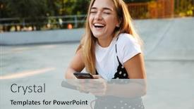  Presentation with teenage - Presentation design with image of a laughing emotional positive teenage girl in park walking on scooter using mobile phone background and a light gray colored foreground