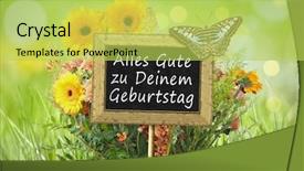  Presentation with best - Audience pleasing slide deck consisting of image of a little chalkboard in the garden with the text all the best on your birthday german language backdrop and a yellow colored foreground