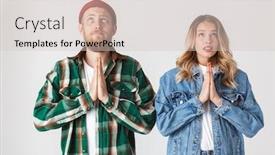  Presentation with hopeful - Presentation theme consisting of image of a nervous emotional young loving couple posing isolated over white wall background make hopeful please gesture background and a lemonade colored foreground
