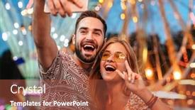  Presentation with amusement park - Presentation theme consisting of image of a pleased cute cheery positive loving couple walking outdoors in amusement park take a selfie mobile phone showing peace background and a tawny brown colored foreground