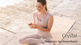  Presentation with happy image - PPT layouts featuring image of a pleased happy young sports woman outdoors on beach using mobile phone listening music with earphones background and a lemonade colored foreground