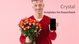  Presentation with man holding phone - Beautiful PPT layouts featuring image-of-a-pleased-mature backdrop and a lemonade colored foreground