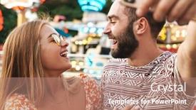  Presentation with amusement park - Slide set consisting of image of a pleased optimistic loving couple walking outdoors in amusement park take a selfie by mobile phone background and a coral colored foreground