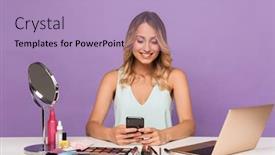  Presentation with purple wall - Presentation design with image of a pleased smiling positive young woman posing isolated over purple wall background with laptop computer and cosmetics with mirror using mobile phone background and a light blue colored foreground