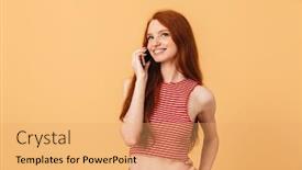  Presentation with phone - Slide deck having image of a pleased young beautiful redhead woman posing isolated over yellow background talking by mobile phone background and a yellow colored foreground
