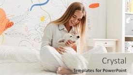  Presentation with happy image - Slide deck having image of a positive happy cheery young cute girl in pajama at home on bed with her dog cuddling sit near laptop background and a soft green colored foreground