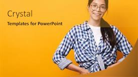  Presentation with happy image - Cool new presentation with image of a positive optimistic happy young cute teenage girl in glasses posing isolated over yellow wall background backdrop and a yellow colored foreground