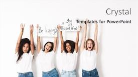  Presentation with hands holding - Slide set consisting of image of a positive pleased young women multiracial friends posing isolated over white wall background holding blank with compliments text with raised hands background and a pink colored foreground