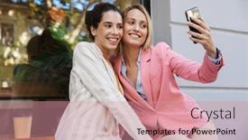  Presentation with business women - PPT layouts featuring image of a positive two business women colleagues outdoors using mobile phone take a selfie background and a coral colored foreground