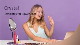  Presentation with purple wall - Presentation design with image of a positive young beautiful woman posing isolated over purple wall background using laptop computer and cosmetics with mirror waving background and a light blue colored foreground