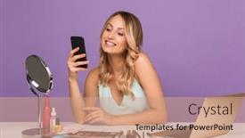  Presentation with purple wall - Presentation theme featuring image of a positive young woman posing isolated over purple wall background with laptop computer and cosmetics with mirror using mobile phone background and a coral colored foreground