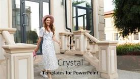  Presentation with optimistic - Slides featuring image of a positive young optimistic redhead woman walking by street outdoors in dress and hat near porch background and a mint green colored foreground