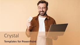  Presentation with credit card - PPT theme consisting of image-of-a-positive-young background and a coral colored foreground