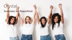  Presentation with happy image - Theme having image of a pretty happy young women multiracial friends posing isolated over white wall background with raised hands background and a lemonade colored foreground